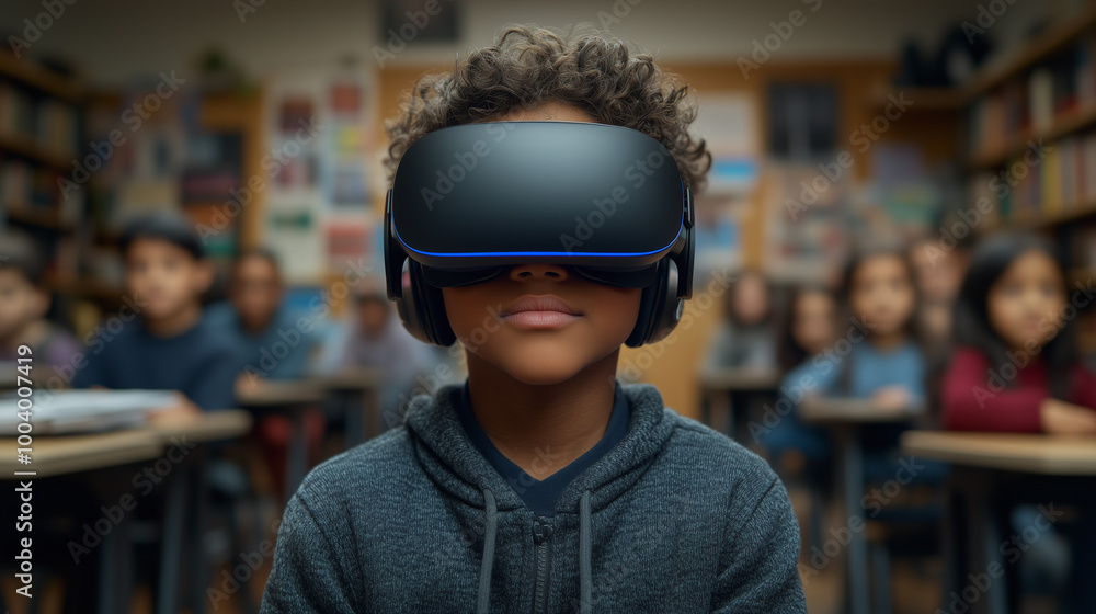 School student using VR headset with AI in classroom School student using VR headset with AI in classroom