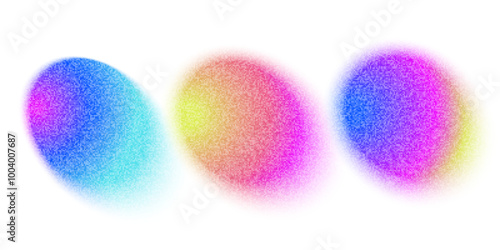 Set color yellow pink blue circles with gradient noise gradation. Abstract colorful watercolor blur mesh shape on white background. Gradient aura, grain neon blob with noise effect vector eps10.