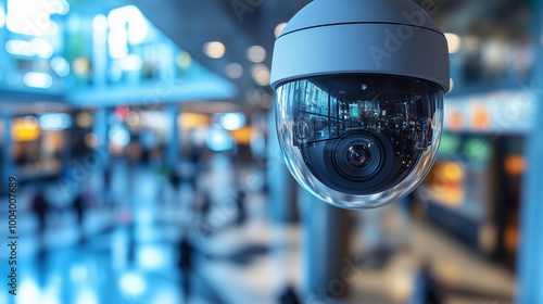 Security surveillance with CCTV camera on office building ceiling photo