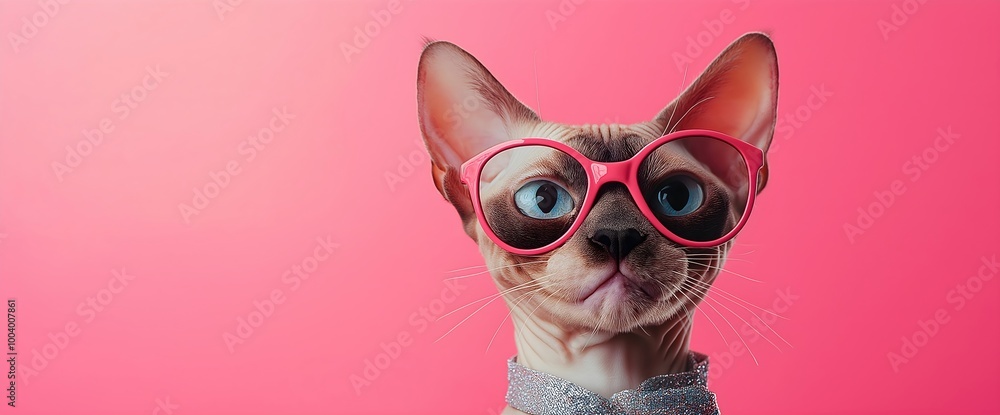 Fototapeta premium Stylish Sphynx cat wearing pink heart-shaped sunglasses and glittery collar against rosy backdrop. Quirky pet fashion concepts. Banner with copy space