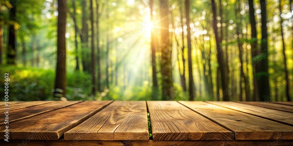 Wooden table in the forest with bokeh and sunlight Wooden table in the forest with bokeh and sunlight