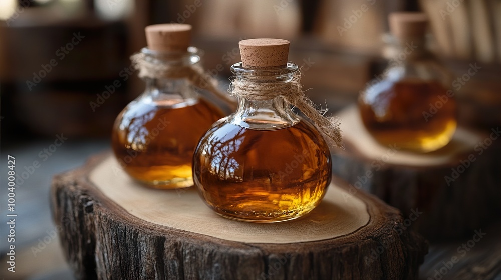 Rustic Glass Bottles with Golden Liquid on Wooden Surface Rustic Glass Bottles with Golden Liquid on Wooden Surface