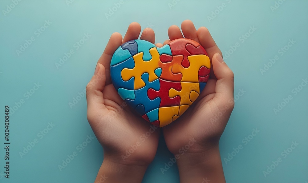 a pair of hands holding a heart-shaped puzzle piece. The puzzle piece is made up of multiple colors, including blue, red, yellow, and orange. The background is a solid turquoise color a pair of hands holding a heart-shaped puzzle piece. The puzzle piece is made up of multiple colors, including blue, red, yellow, and orange. The background is a solid turquoise color