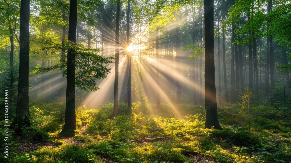 Sunlight shining through trees in a tranquil forest scene. Sunlight shining through trees in a tranquil forest scene.