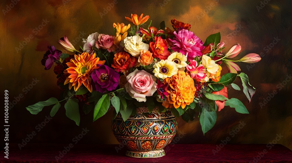 A beautiful arrangement of seasonal flowers in a traditional Indian vase A beautiful arrangement of seasonal flowers in a traditional Indian vase