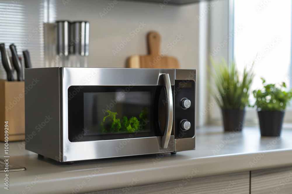 Modern microwave oven with stainless steel exterior standing on countertop in a stylish kitchen Modern microwave oven with stainless steel exterior standing on countertop in a stylish kitchen