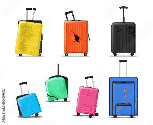 Broken and smashed luggage bag damaged travel suitcase set realistic vector illustration