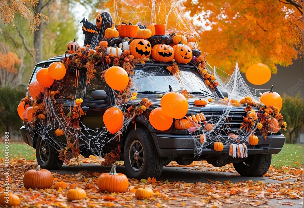 A large car decorated for Halloween with cobwebs, pumpkins, orange balloons and sweets. The concept of a creative outdoor event in autumn A large car decorated for Halloween with cobwebs, pumpkins, orange balloons and sweets. The concept of a creative outdoor event in autumn