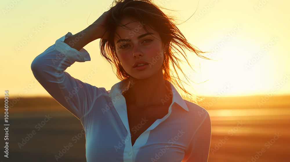 A dynamic shot of the woman adjusting her hair, her white shirt gleaming in the sun, while the excitement of the upcoming race buzzes around her. A dynamic shot of the woman adjusting her hair, her white shirt gleaming in the sun, while the excitement of the upcoming race buzzes around her.