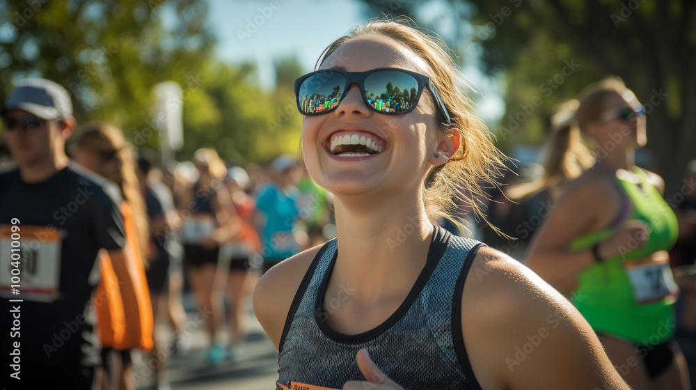 A joyful expression on the womanâs face as she listens to the race announcer, soaking in the lively atmosphere at the starting line under the sun.
