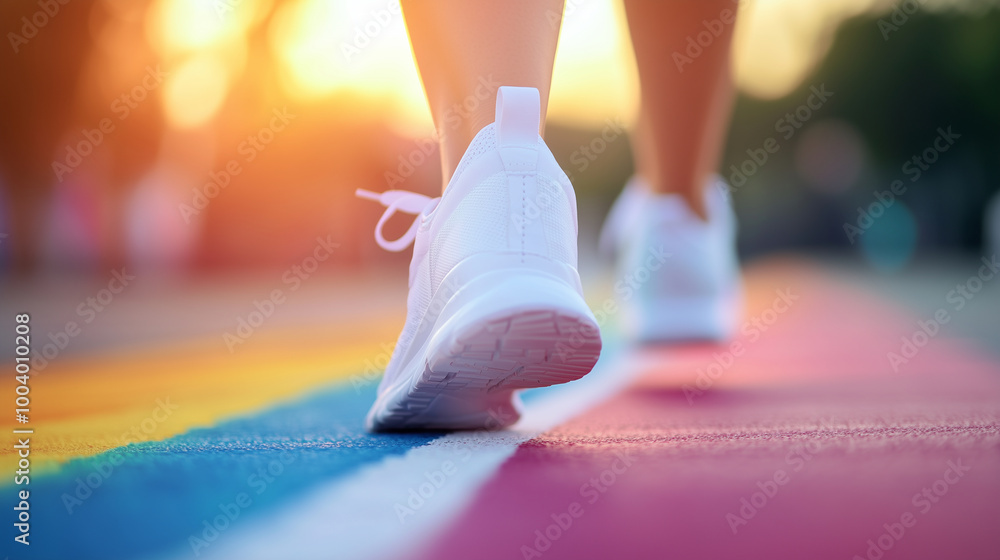 Naklejka premium A close-up of the womanâs running shoes on the starting line, her white shirt contrasting beautifully with the vibrant colors of the event, symbolizing readiness.