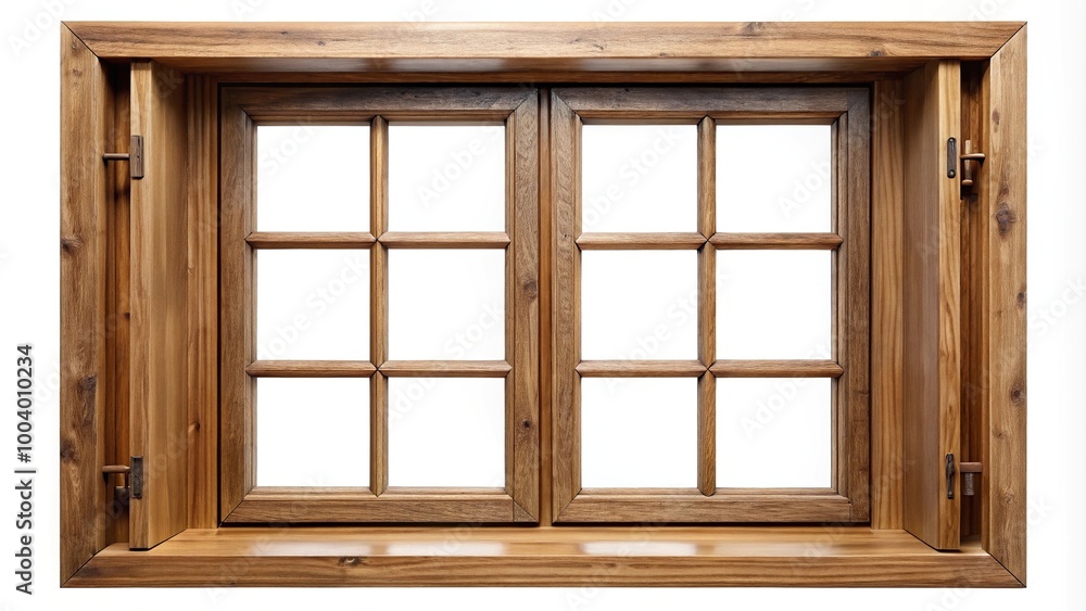 Wooden window closed at eye level with white background Wooden window closed at eye level with white background