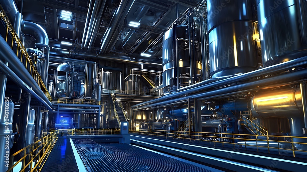 A large-scale chemical production facility with robotics enhancing safety and efficiency.
A large-scale chemical production facility with robotics enhancing safety and efficiency.