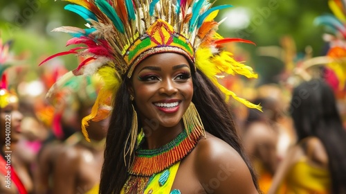 A woman wearing a colorful headdress and a colorful outfit is smiling