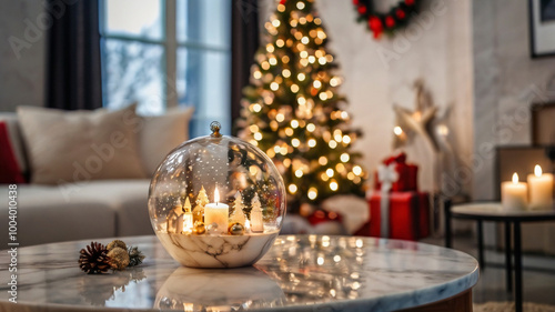 The modern interior space is decorated with festive Christmas decorations and the living room is cozy and fuzzy