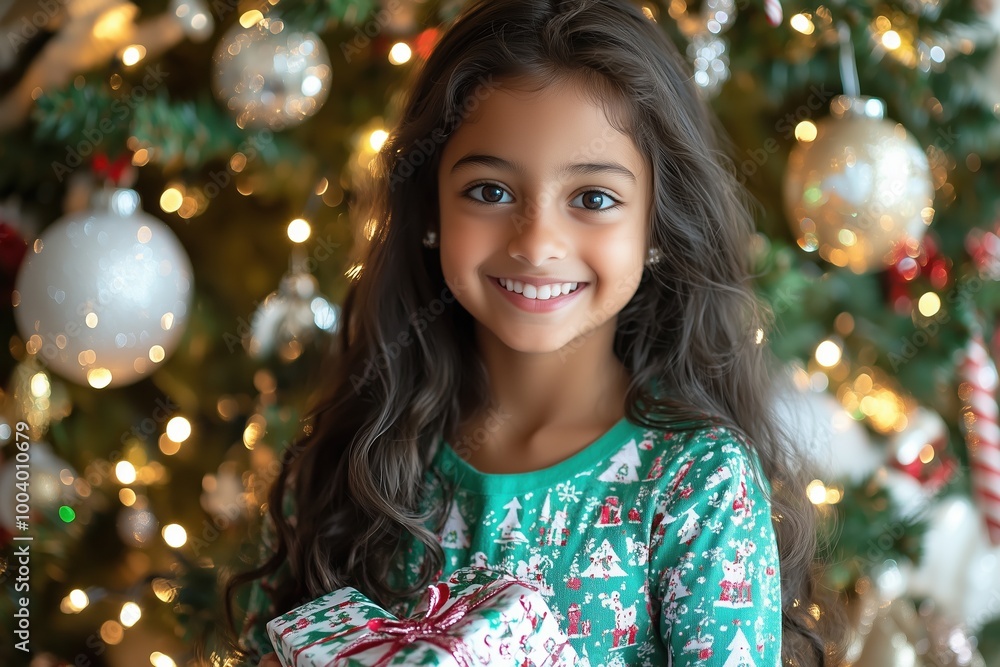 Young indian girl happily holding a christmas gift, standing in front of a beautifully decorated christmas tree Young indian girl happily holding a christmas gift, standing in front of a beautifully decorated christmas tree