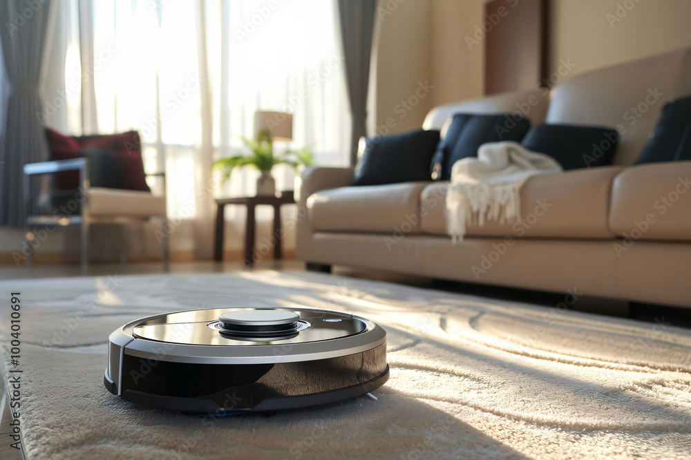 Sleek robotic vacuum effortlessly glides across a plush carpet in a warmly lit living room, making housework a breeze in this modern, cozy home Sleek robotic vacuum effortlessly glides across a plush carpet in a warmly lit living room, making housework a breeze in this modern, cozy home