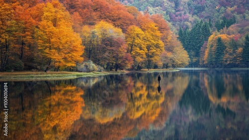 Solitary Figure Walking Along a Still Lake Reflected in Autumn Foliage