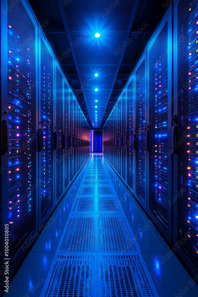 Obraz premium A virtual data center with cloud servers processing information at high speed,