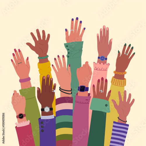 Many diverse multiracial hands raised up. Team cooperation and communication. International community. Hand drawn vector vector illustration isolated on light background, flat cartoon style.