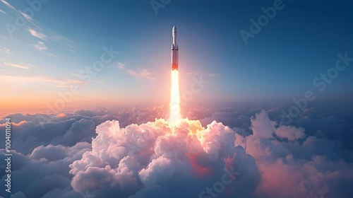 Dramatic Rocket Launch with Vibrant Flames and Billowing Smoke in the Sky