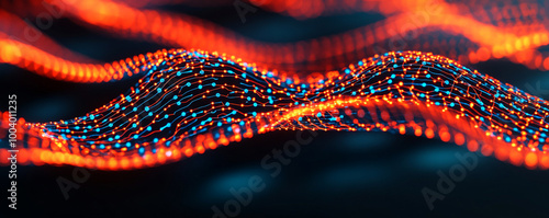 Abstract waves of vibrant light in red and blue, creating a dynamic visual effect.