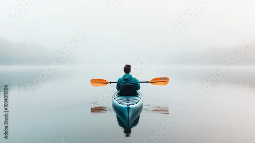 Person kayaking in foggy lake, peaceful water surface reflection. photo