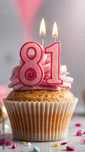 Birthday cupcake with burning lit candle with number 81. Number eighty-one for eighty-one years or eighty-first anniversary. photo