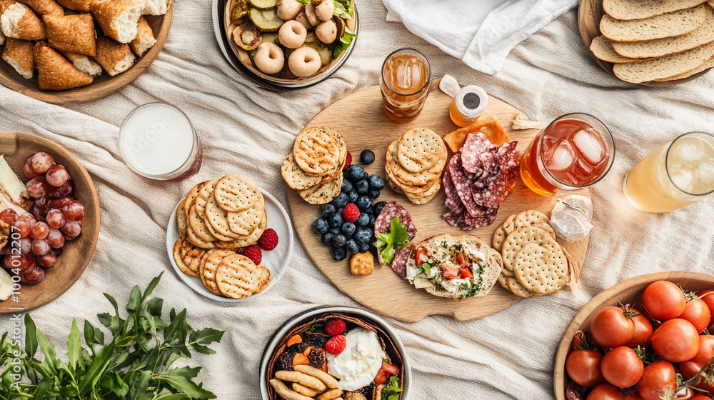 Fototapeta premium Variety of delicious snacks and drinks on a table with a cozy setting.