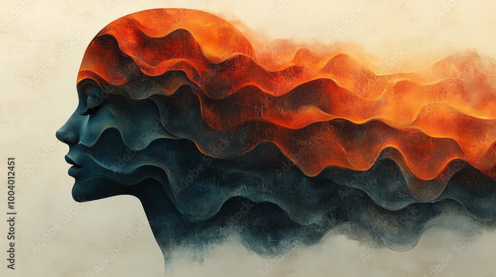 Fototapeta premium A simple illustration of a head with abstract calming waves, isolated on a pastel canvas,