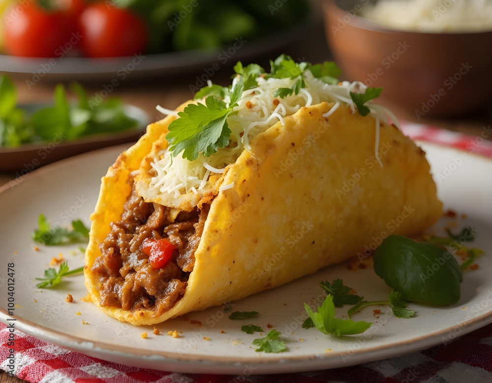 A hard shell taco filled with ground beef , lettuce , and cheese , garnished with parsley on a white plate A hard shell taco filled with ground beef , lettuce , and cheese , garnished with parsley on a white plate