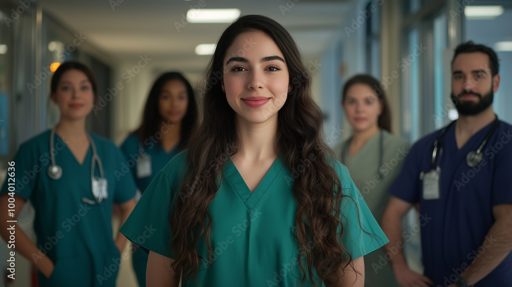 Fototapeta premium A determined young nursing intern in scrubs stands alongside her diverse hospital team in a brightly lit ward, representing the next generation of healthcare professionals.
