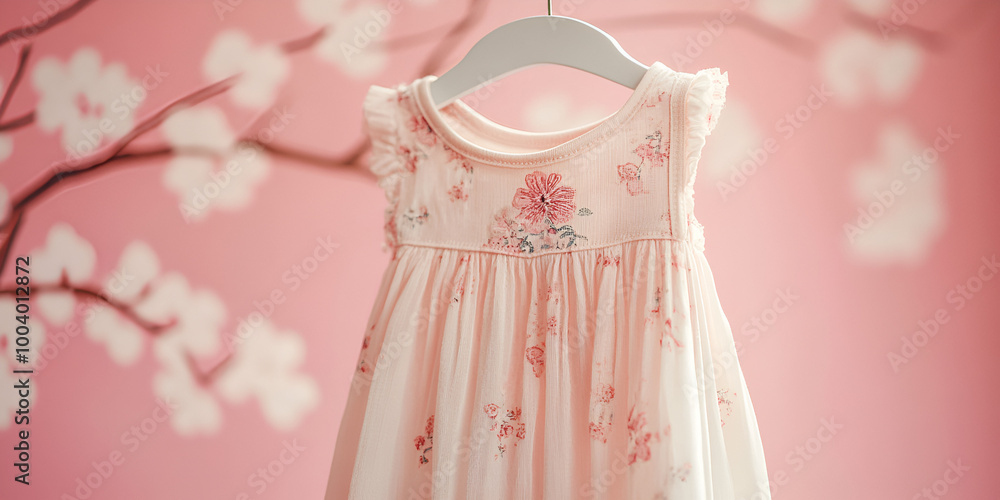 Elegant Pink Dress Hanging with Floral Background Elegant Pink Dress Hanging with Floral Background
