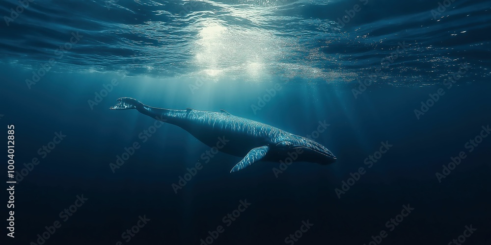 Fototapeta premium A tranquil image of a blue whale gracefully swimming through the deep ocean, illuminated by gentle sunlight from above, capturing the essence of marine life and serenity.