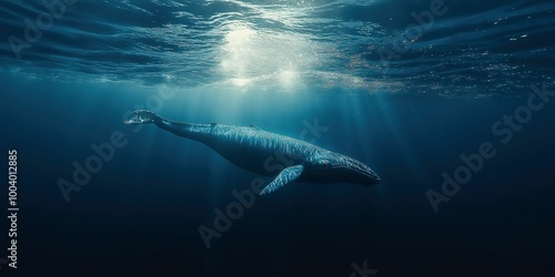 A tranquil image of a blue whale gracefully swimming through the deep ocean, illuminated by gentle sunlight from above, capturing the essence of marine life and serenity.