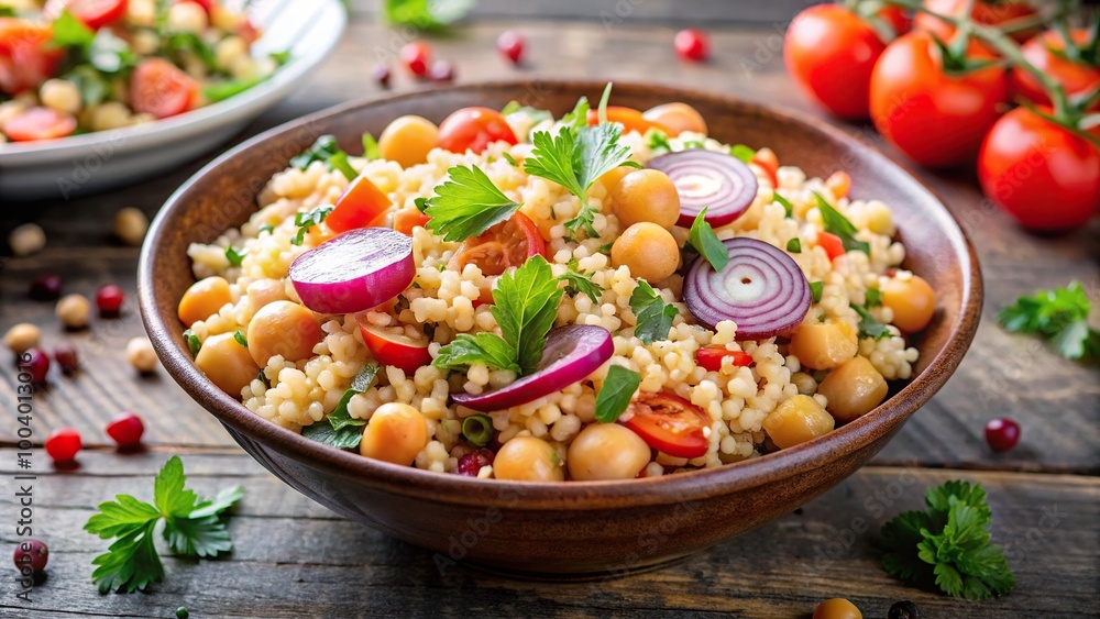 Worm's eye view of delicious couscous salad with chickpeas, red onions, cherry tomatoes, and fresh herbs Worm's eye view of delicious couscous salad with chickpeas, red onions, cherry tomatoes, and fresh herbs
