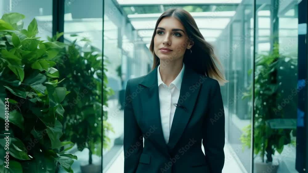 Eco-aware businesswoman young business woman sustainable company green hall office startup leader ecological solutions eco CEO carbon neutrality plants CO2 female team manager employee professional