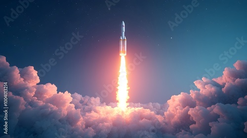 Powerful 3D Rocket Launching into Vibrant Cloudy Sky with Glowing Trail