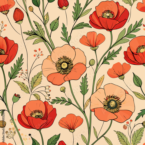 A beautiful and delicate floral pattern featuring vibrant red poppies and lush green foliage. This design is perfect for adding a touch of nature to your projects, whether you're creating textiles.