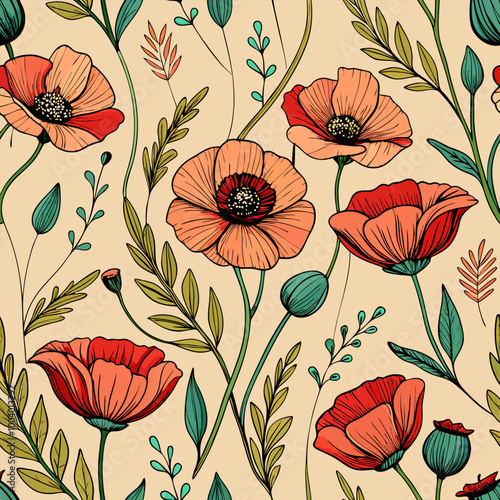 A beautiful seamless pattern featuring delicate poppy flowers and lush foliage. Perfect for adding a touch of nature and elegance to your designs.