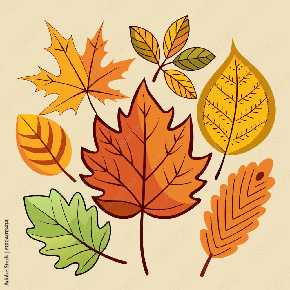 A collection of colorful autumn leaves in various shapes and sizes. This vector illustration is perfect for adding a touch of fall to your designs. Use it for seasonal greetings, website banners. A collection of colorful autumn leaves in various shapes and sizes. This vector illustration is perfect for adding a touch of fall to your designs. Use it for seasonal greetings, website banners.