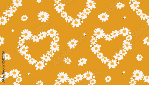 seamless pattern with chamomile flowers folded into hearts, delicate flowers on an orange background. Use for patterns on fabric, bedding, advertising, posters, etc. Vector illustration