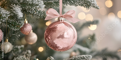 Pink Christmas Bauble Hanging from Snowy Tree