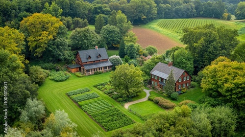 A tranquil family farm enclosed by a ring of fruit trees, the farmhouse and barn framed by nature's bounty, a harmonious blend of agriculture and nature