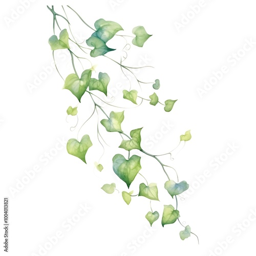 Trailing Watercolor Ivy Vine With Delicate Tendrils on Isolated White Background