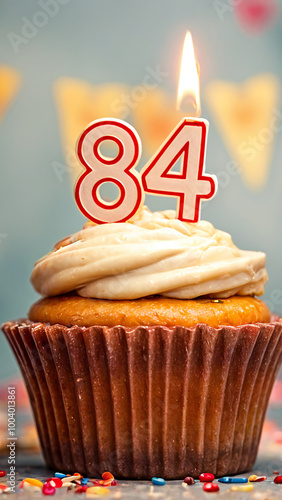 Birthday cupcake with burning lit candle with number 84. Number eighty-four for eighty-four years or eighty-fourth anniversary. photo