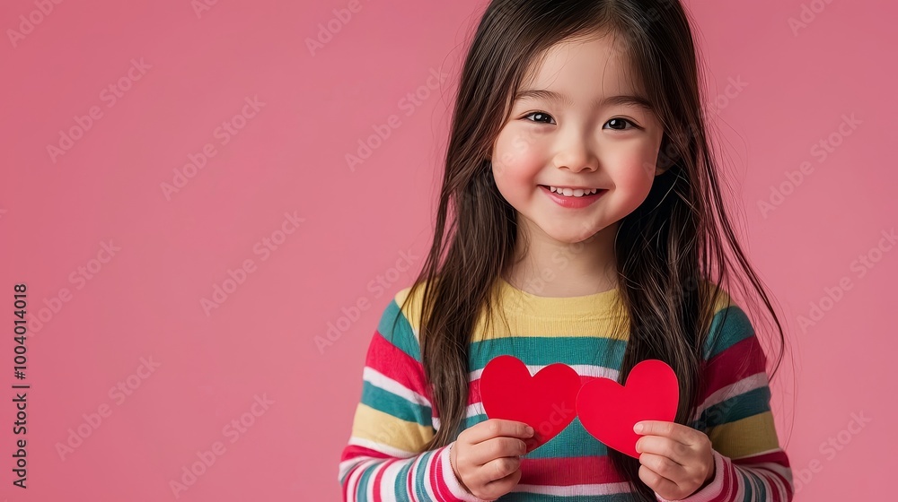 Joyful young girl holding red paper hearts, dressed in a colorful striped shirt against a pink background. Joyful young girl holding red paper hearts, dressed in a colorful striped shirt against a pink background.
