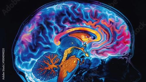 Abstract illustration of a human brain with vibrant colors and swirling patterns. The image evokes a sense of complexity and mystery.