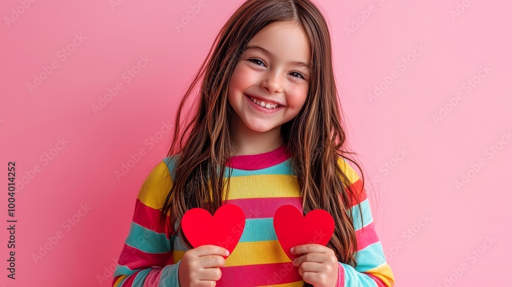 Joyful young girl holding red paper hearts, dressed in a colorful striped shirt against a pink background. Joyful young girl holding red paper hearts, dressed in a colorful striped shirt against a pink background.