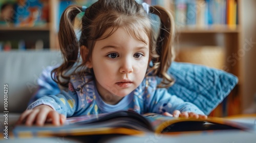 A young girl sitting on a couch reading a book.